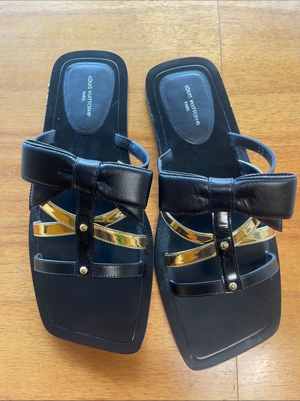 Louis Vuitton Black & Gold Bow Slide Sandals